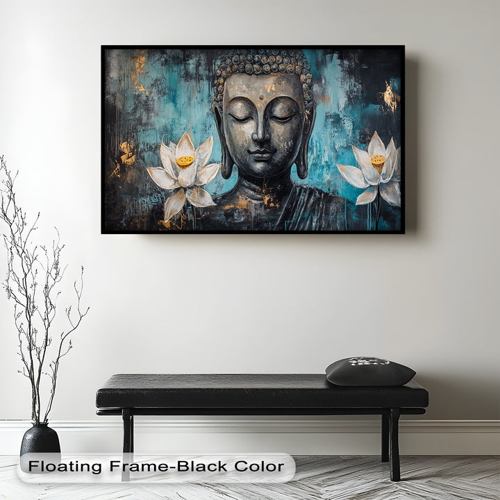 A tranquil Buddha portrait with a weathered texture, flanked by lotus flowers representing purity and spiritual awakening.