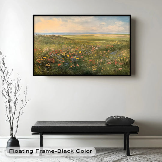 Horizontal, rectangular oil painting wall art displays a seaside meadow view with vibrant wildflowers and pastel skies in a calming landscape oil painting.