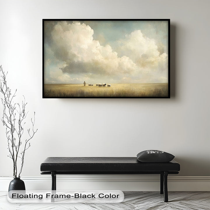 Serene countryside scene with sheep and dramatic cloudscape.
