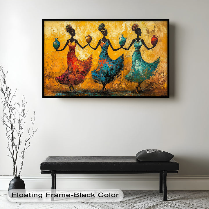 Farbenfrohe afrikanische Frauenkunst – Gerahmtes Ölgemälde