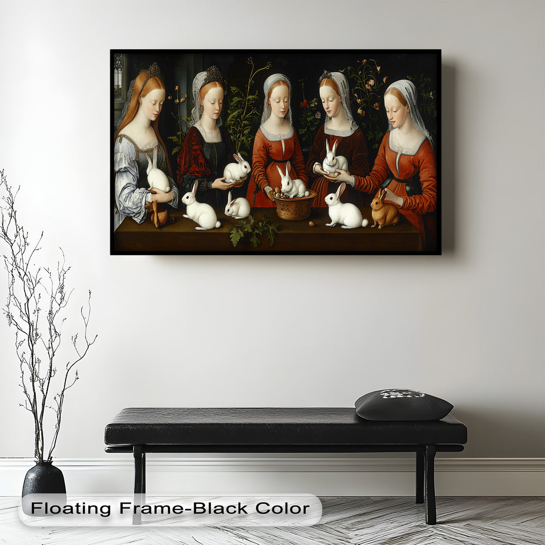 Maiden Garden Gathering – Renaissance Rabbit Portrait Oil Painting
