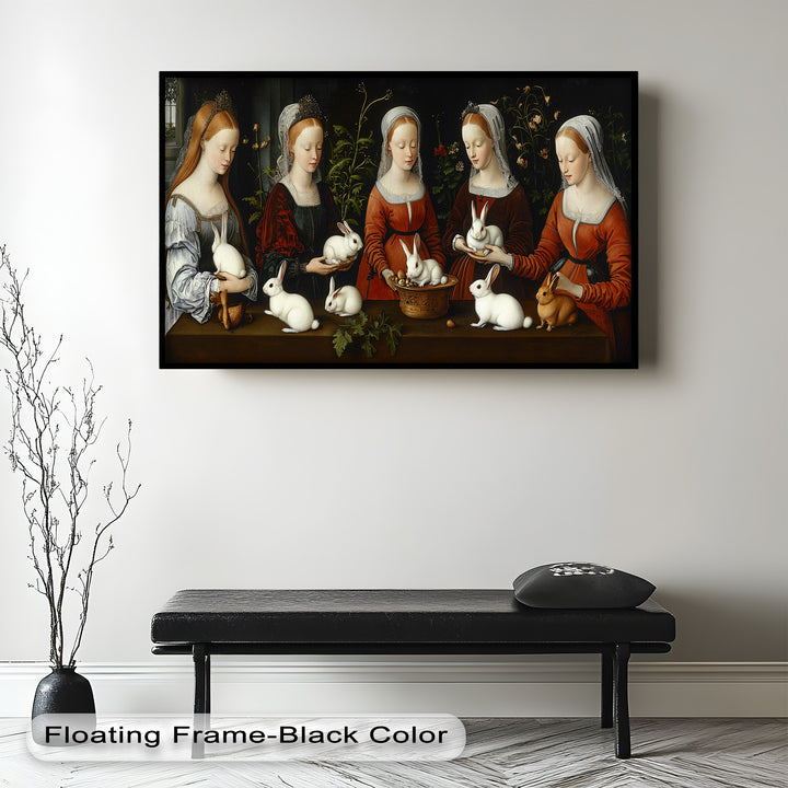 Maiden Garden Gathering – Renaissance Rabbit Portrait Oil Painting