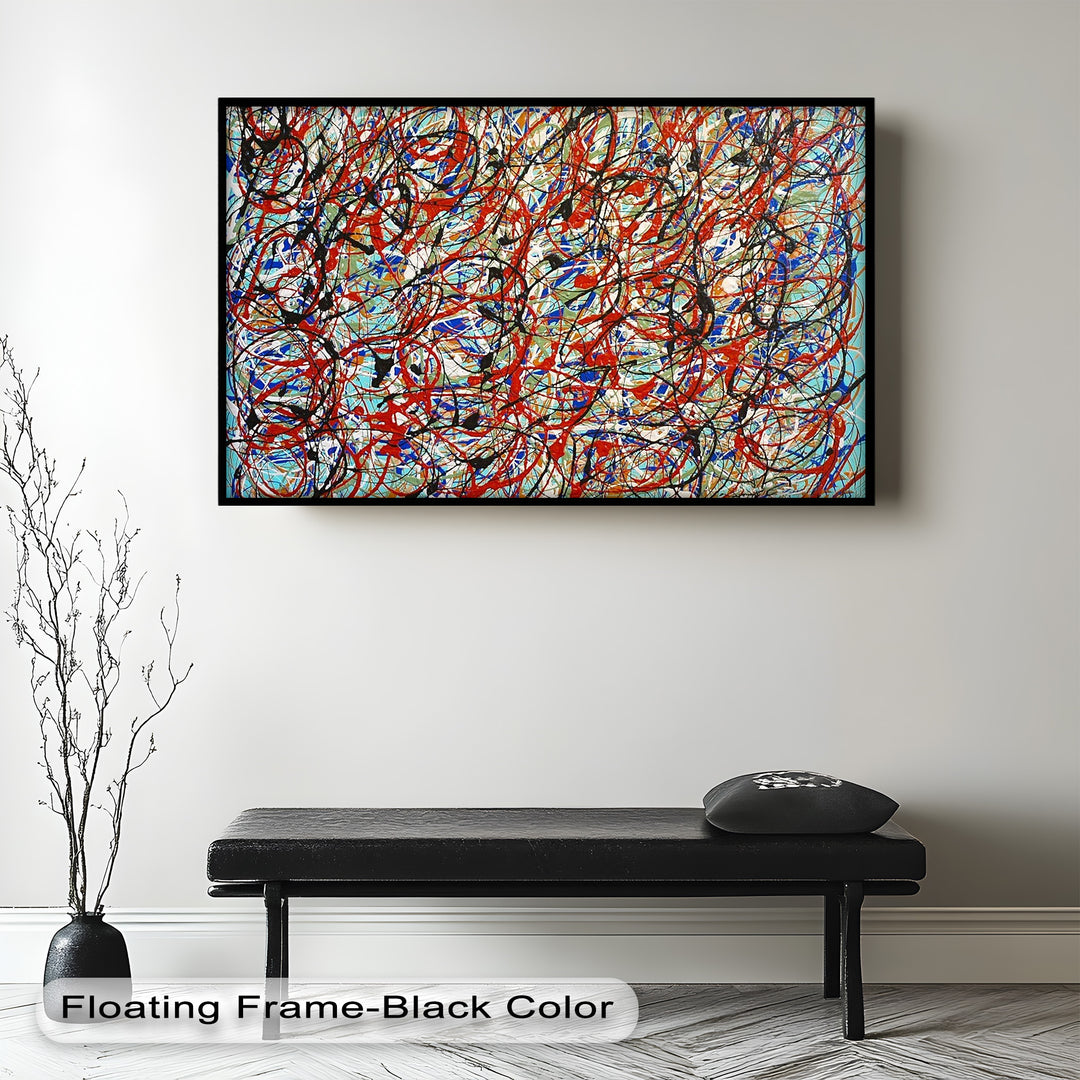 A dynamic abstract expressionist painting filled with chaotic swirls of red, black, blue, and white over a textured background.

