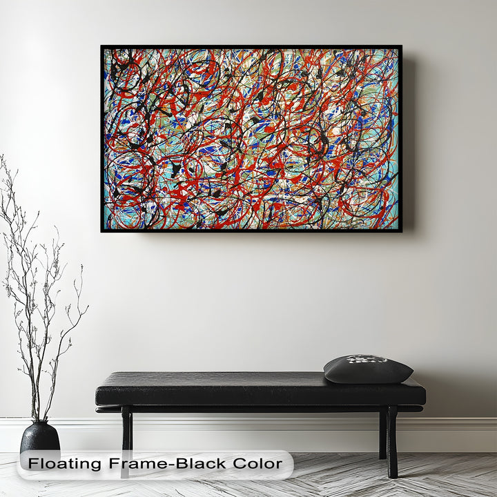 A dynamic abstract expressionist painting filled with chaotic swirls of red, black, blue, and white over a textured background.

