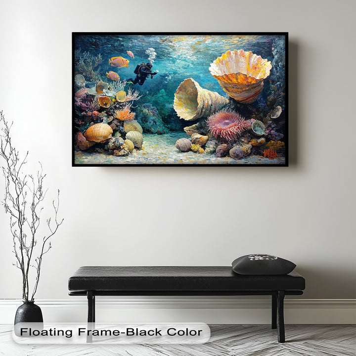 Diver Exploring Coral Reefs with Giant Shells - Animal Oil Painting