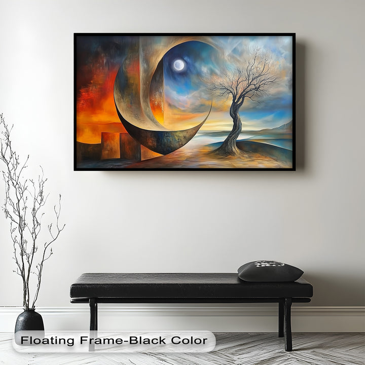 Moonlit Tree and Surreal Horizon - Abstract Oil Painting