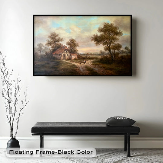 Clouds form the softest element in this vintage rustic cottage lane oil painting home decor, showcasing a serene country landscape at dusk.