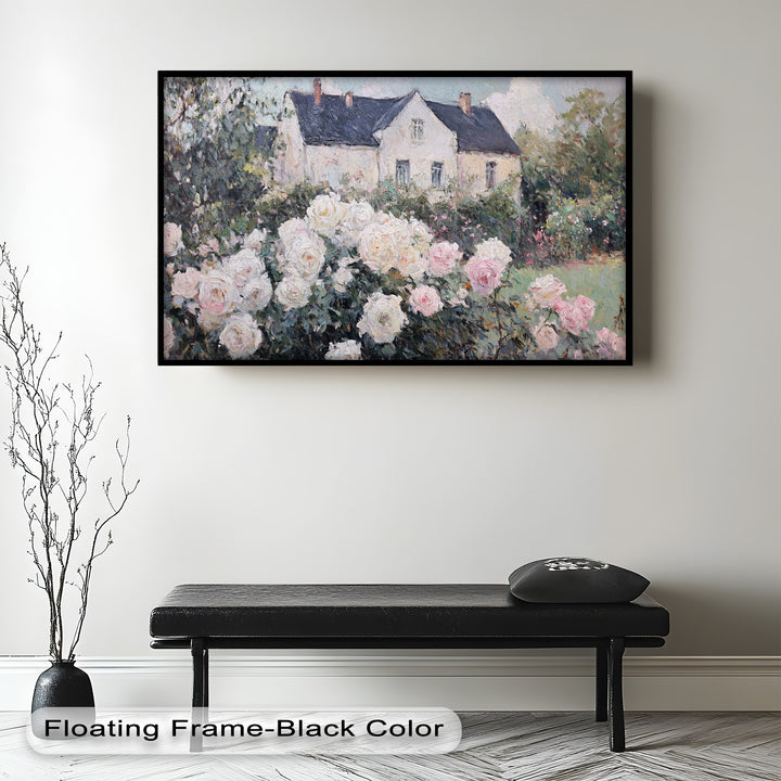 Cottage Garden Roses – Impressionist Floral House Scene Oil Painting