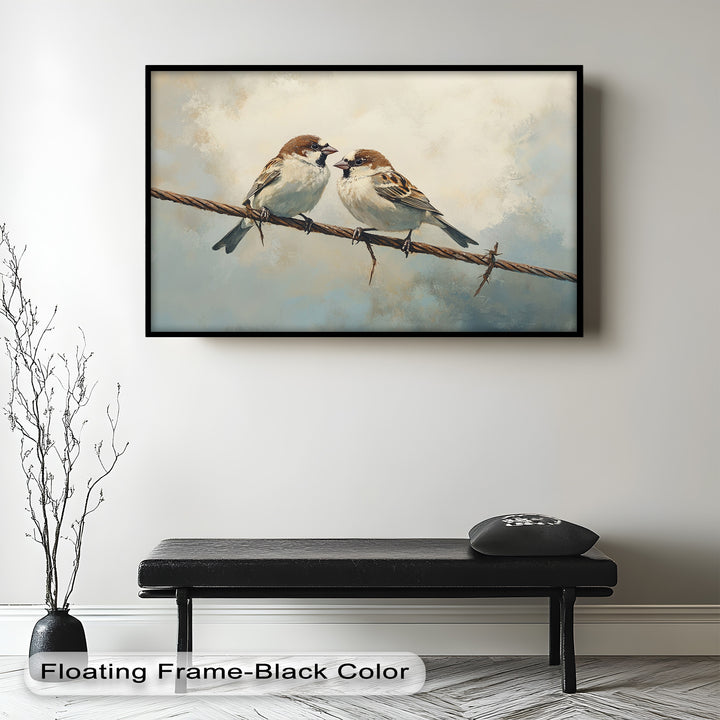 Two Sparrows on a Wire – Bird Oil Painting