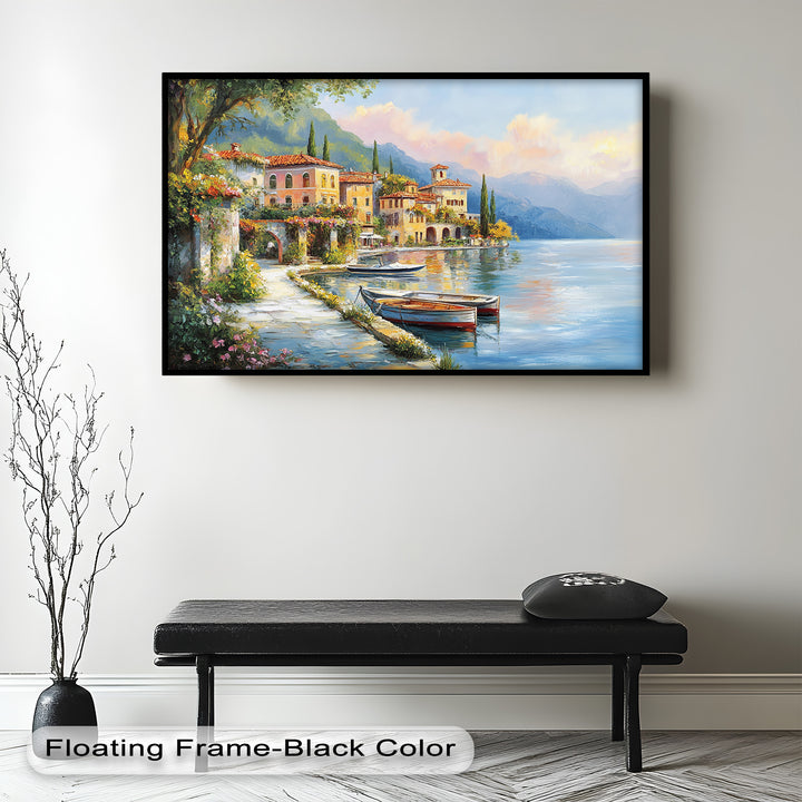 Italian Lake Village Wall Art – Mediterranean Oil Painting