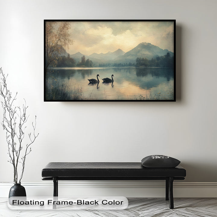 Black Swans on a Mountain Lake – Modern Oil Painting