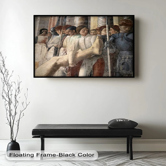 Subtle light and shadow define the figures in this renaissance 'The Bearing of the Martyr' oil painting artwork, highlighting the somber procession.