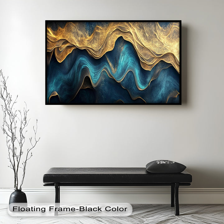 Flowing Teal & Gold Waves – Abstract Oil Painting
