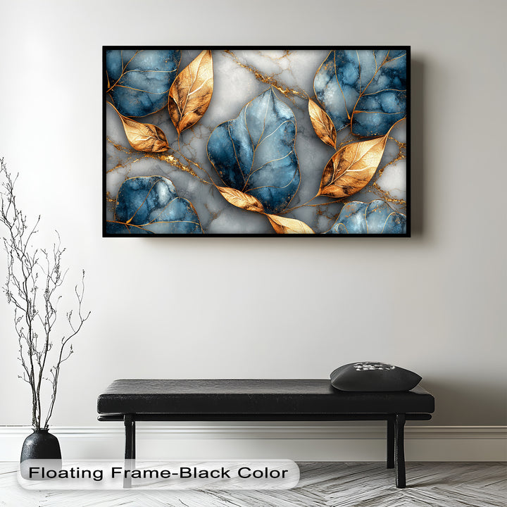 Golden Blue Marble Leaves – Botanical Oil Painting