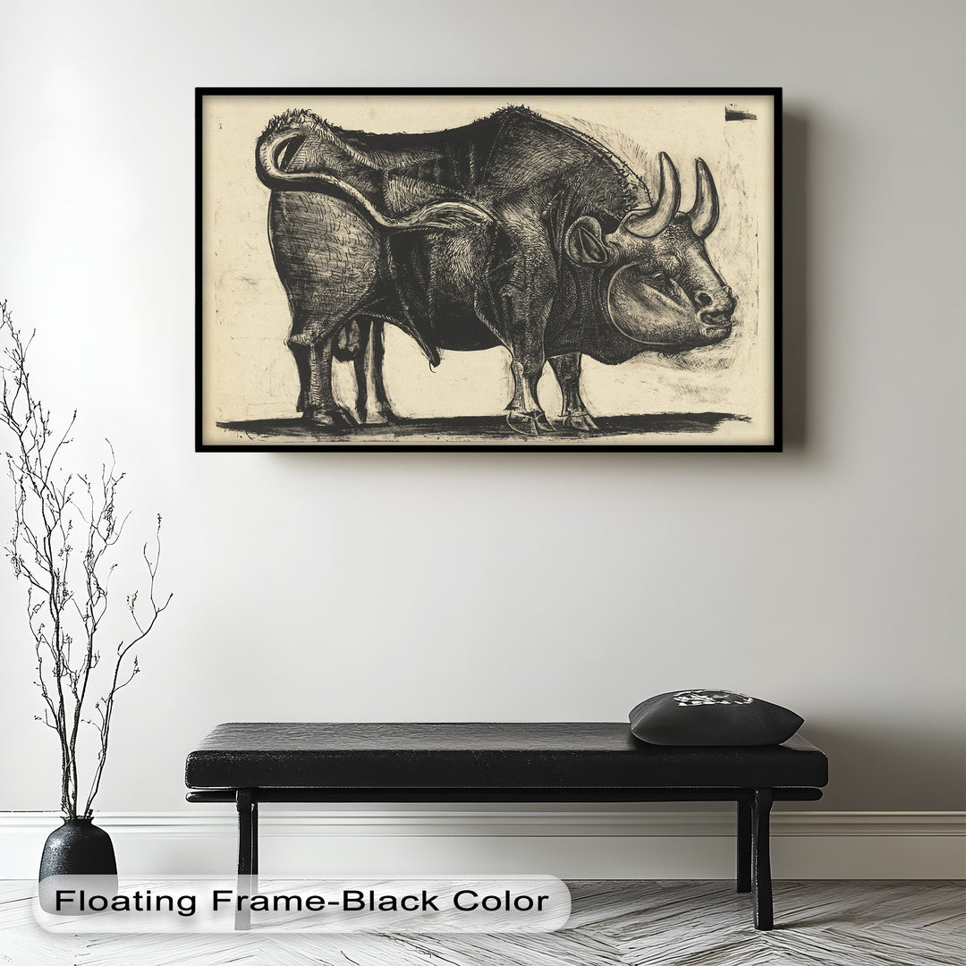 A powerful black-and-white illustration of a bull with exaggerated proportions, rich textures, and strong anatomical emphasis.