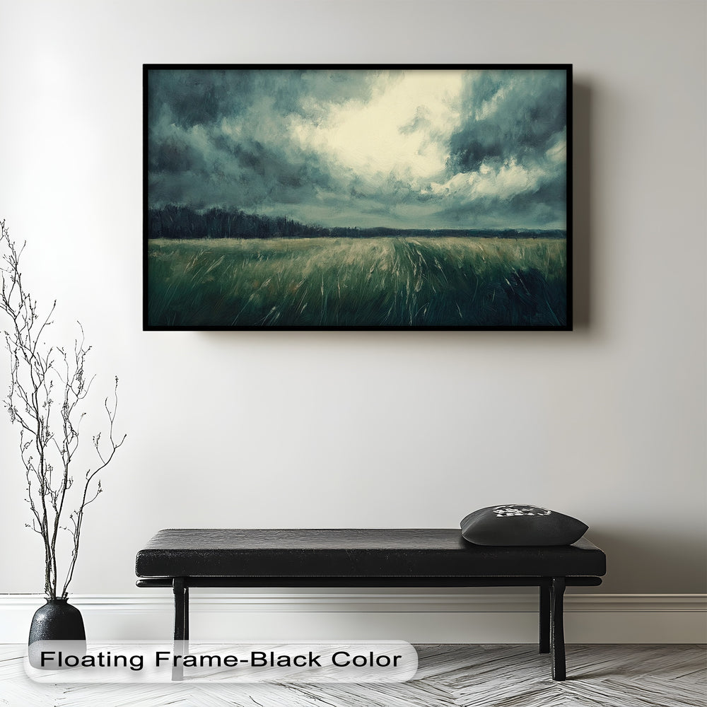 Atmospheric nature artwork featuring a dark sky and golden grass plains.
