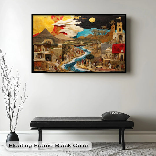 Dominated by earthy browns and yellows, the River of Time showcases an ancient civilization collage in a distinctive oil painting reproduction print.