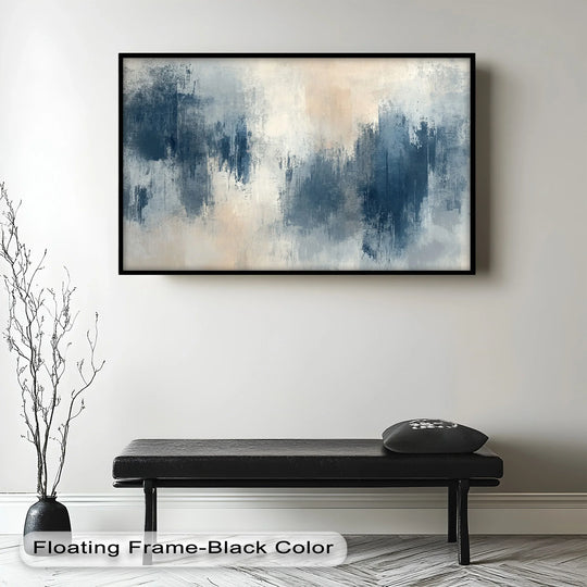 Echoes in mist, a moody blue and beige abstract oil painting, offers captivating oil painting decoration with its textured brushwork and calming atmosphere.