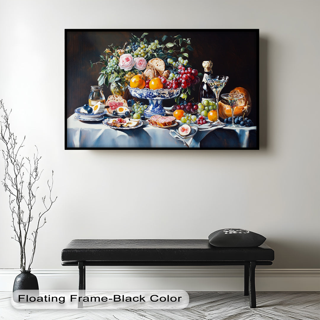 This lavish still life painting showcases an opulent breakfast spread with fresh fruits, fine glassware, pastries, and blooming roses on an elegant table setting.

