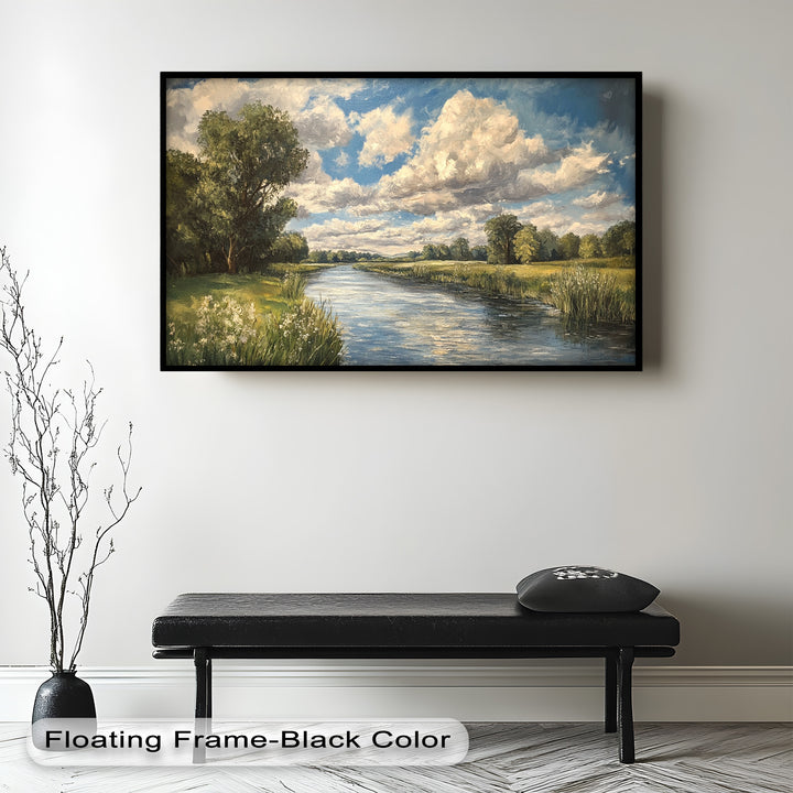 Nature-inspired wall art with calm river, wildflowers, and sunny meadow.

