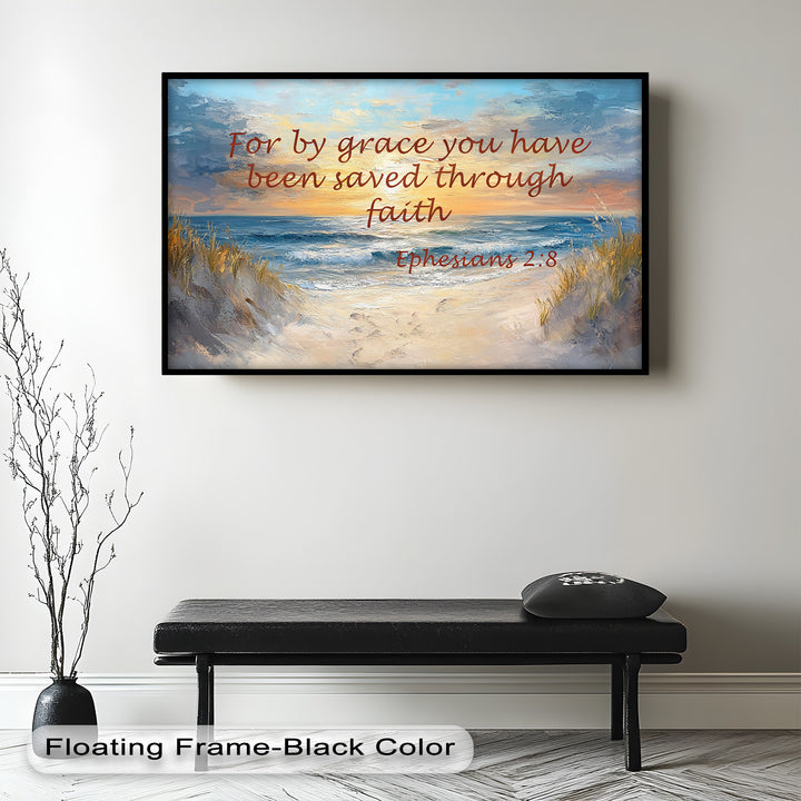 Christian wall art featuring a tranquil beach path leading to the ocean.
