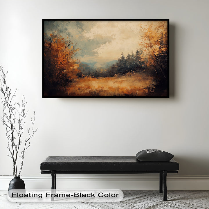 Tranquil countryside painting with rich autumn foliage and misty horizon.
