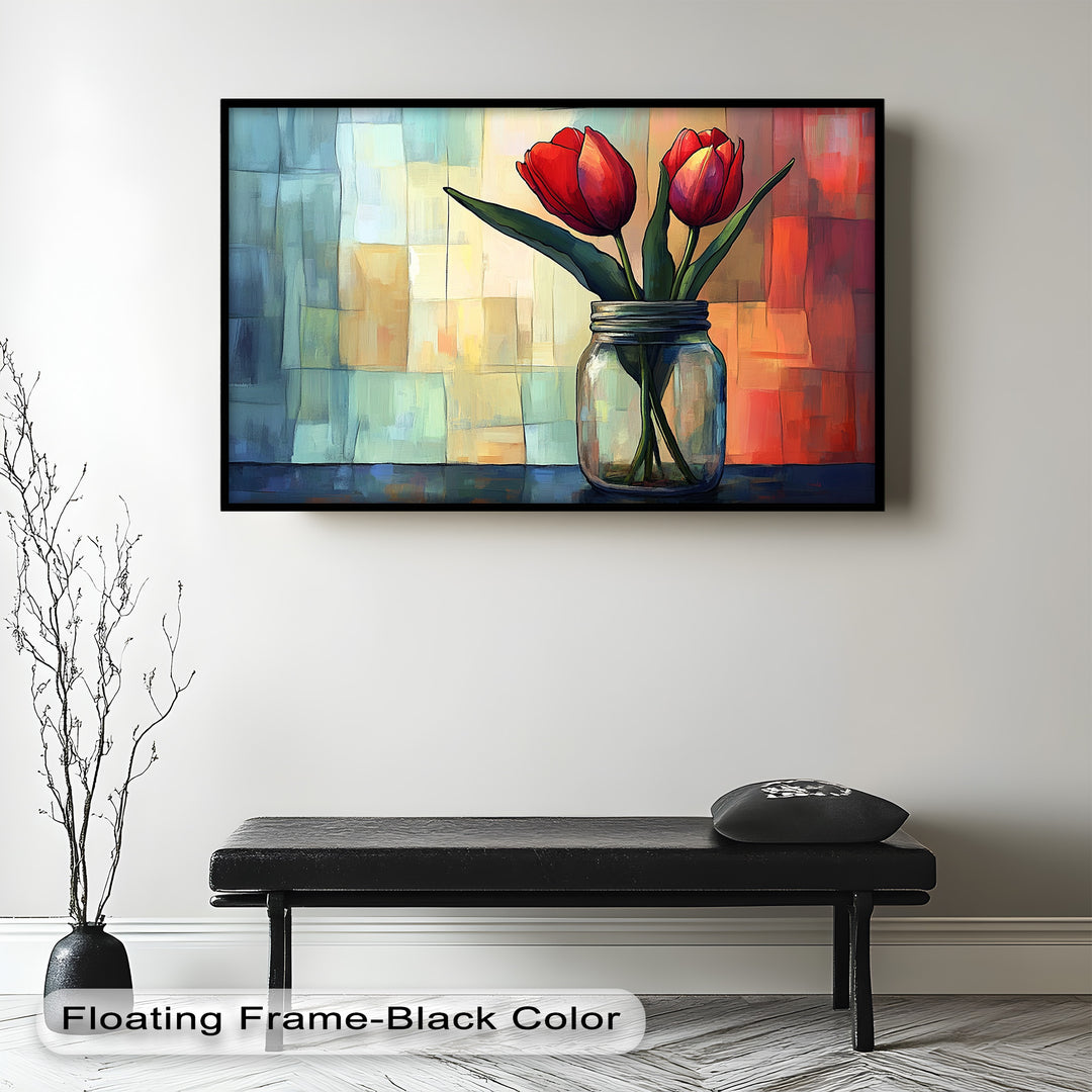 A mesmerizing impressionist painting capturing the delicate details of tulips in a jar, with bold brushstrokes and a dynamic blend of warm and cool hues.