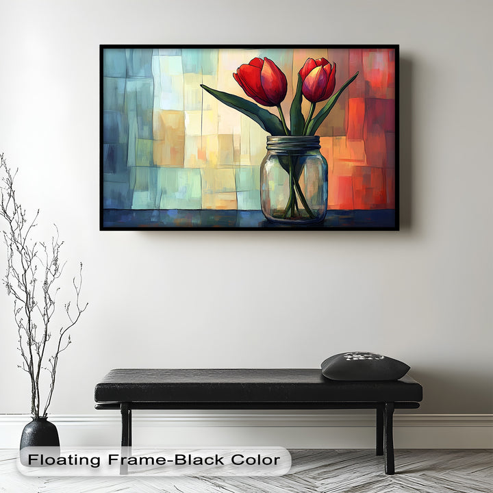 A mesmerizing impressionist painting capturing the delicate details of tulips in a jar, with bold brushstrokes and a dynamic blend of warm and cool hues.