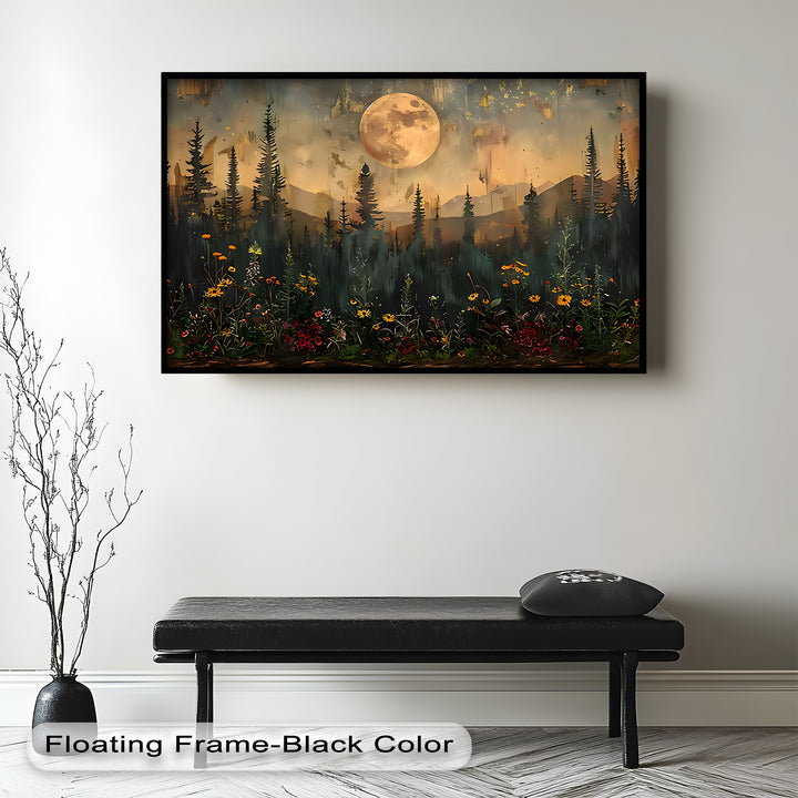 Delicate flowers in red, yellow, and orange add warmth and life to the moody backdrop, offering balance between light and dark.

