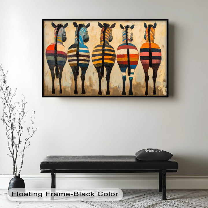 Five Colorful Zebras with Bold Stripes – Animal Oil Painting