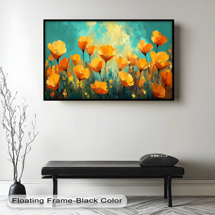 A modern impressionist artwork of blooming orange flowers, bursting with light and color against a vibrant abstract backdrop.