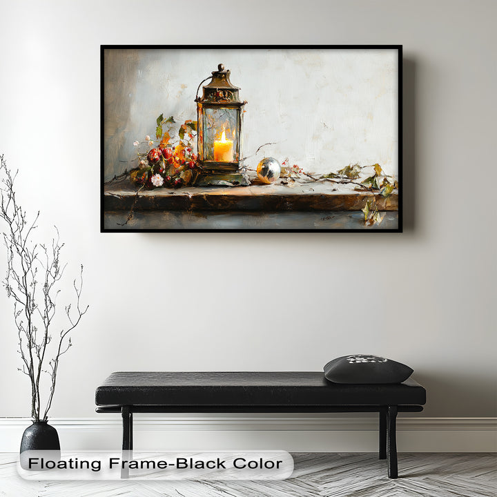 This elegant still life piece beautifully combines a rustic lantern, winter berries, and a metallic ornament, offering timeless coziness and seasonal grace.







