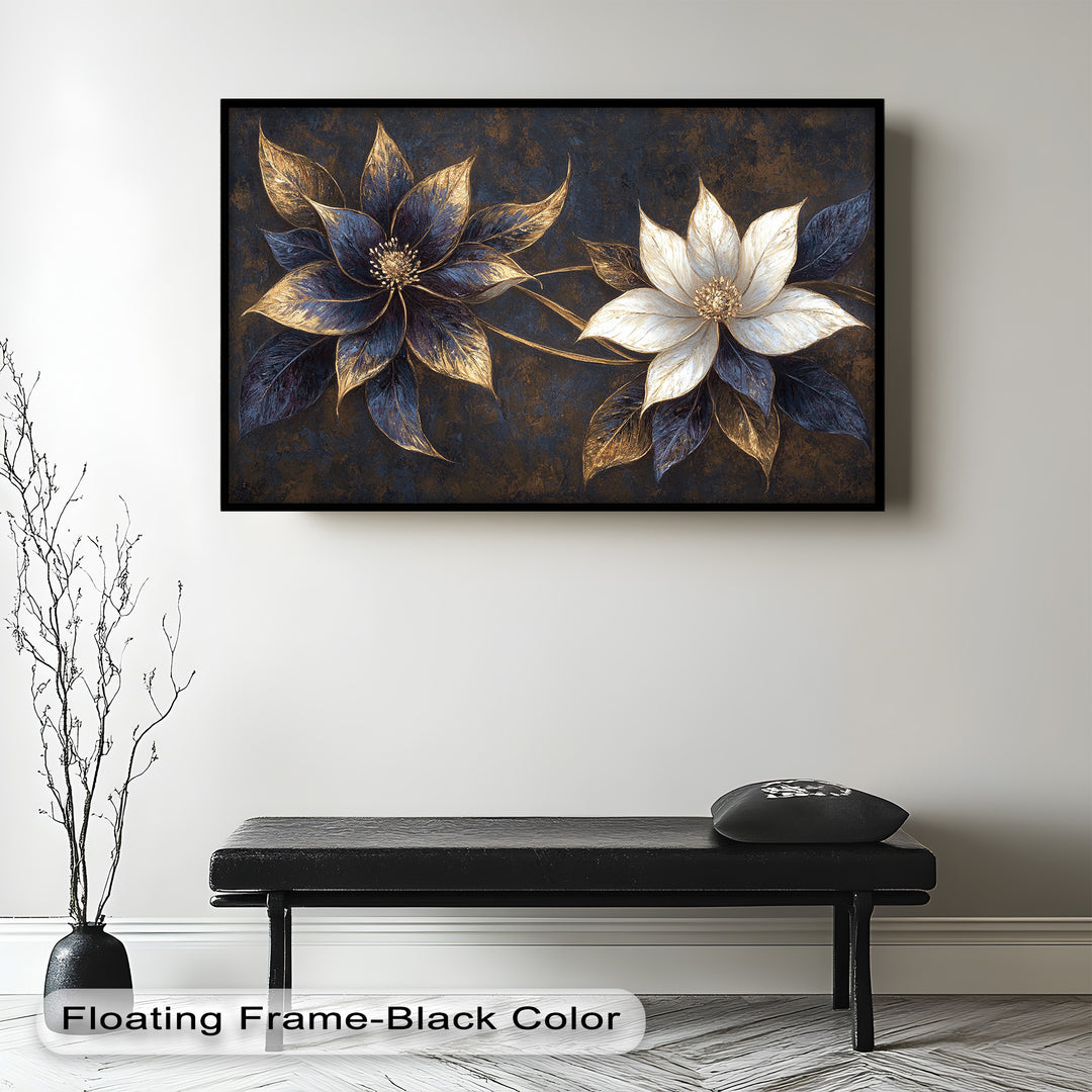 Sophisticated floral composition with deep hues and shimmering details.
