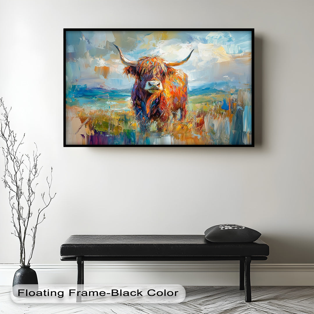 Highland Cow in Windswept Fields - Animal Oil Painting