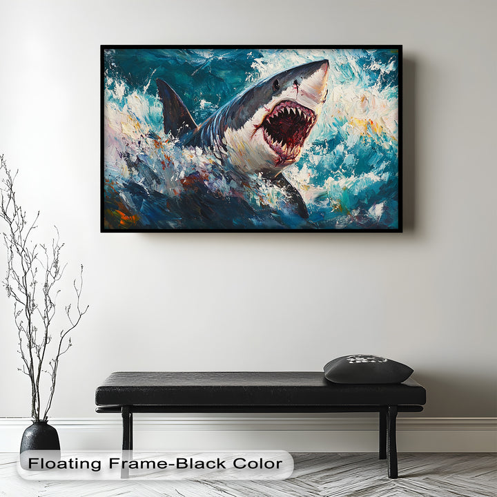 Ferocious Shark Emerging from Turbulent Waters – Animal Oil Painting