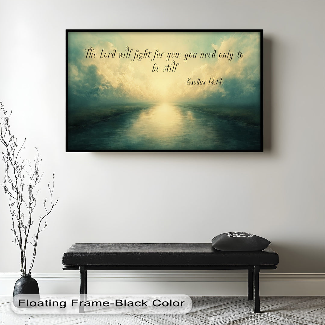 Serene landscape painting with Exodus 14:14, symbolizing faith and trust.
