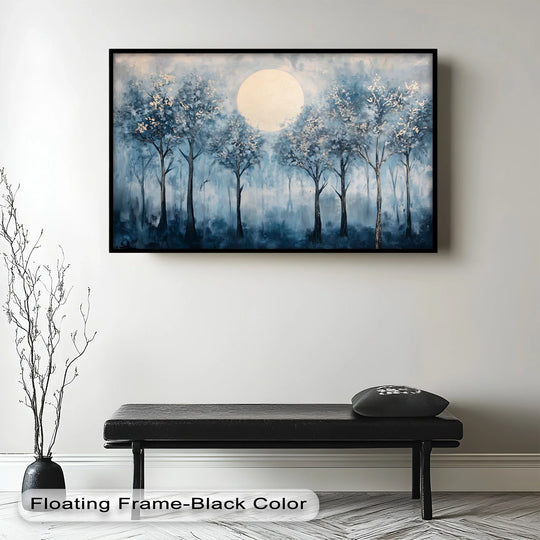 Transport yourself to a peaceful, moonlit night with this stunning oil painting featuring a serene forest bathed in soft blue hues. The luminous full moon adds a captivating glow, making this framed wall art a mesmerizing focal point for any space.

