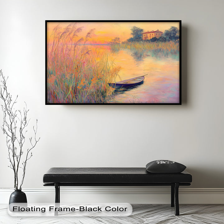 Golden Reeds and Sunset Rowboat – Impressionist Oil Painting