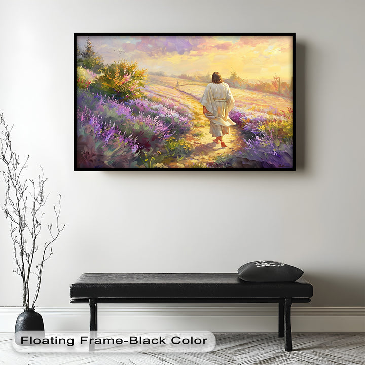 A masterpiece of religious inspiration, this oil painting illustrates Jesus walking through blooming lavender fields under a heavenly light. A perfect framed artwork for those who seek spiritual harmony and faith-based décor.