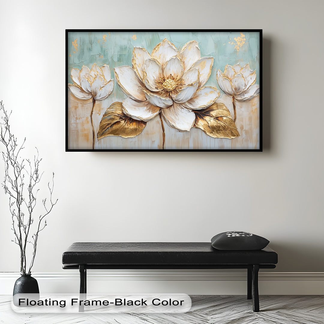 Golden Bloom Lotus – Floral Oil Painting