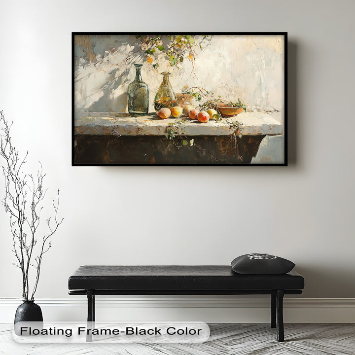 Vintage Peach & Bottle – Still Life Art Oil Painting