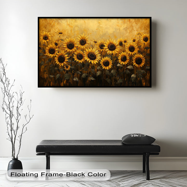 A vibrant floral artwork capturing the energy of sunflowers in a dense cluster, surrounded by earthy tones and textured brushwork.