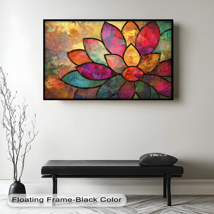 A captivating fusion of abstract expressionism and sacred symbolism, this artwork highlights the beauty of a lotus flower in a symphony of fiery reds, deep purples, and serene blues.