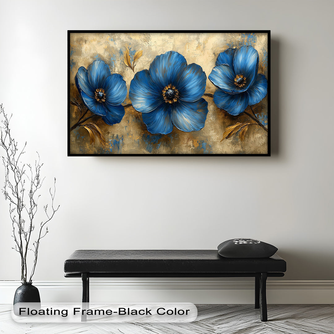 Golden Beige Elegance – Royal Blue Floral Trio Flower Oil Painting