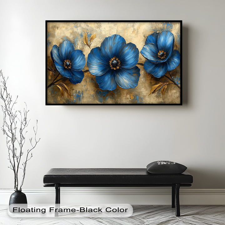 Golden Beige Elegance – Royal Blue Floral Trio Flower Oil Painting
