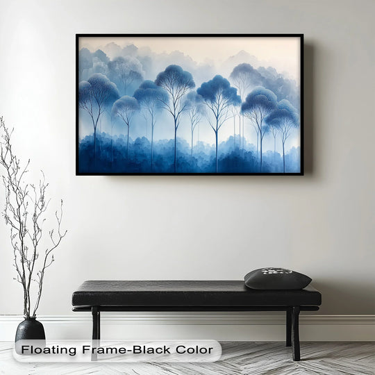 Immerse yourself in the tranquility of nature with this elegant blue-toned oil painting, depicting delicate trees rising through misty mountain layers. This framed wall art brings a calming atmosphere to any space, making it a perfect addition to minimalist, modern, or contemporary décor.