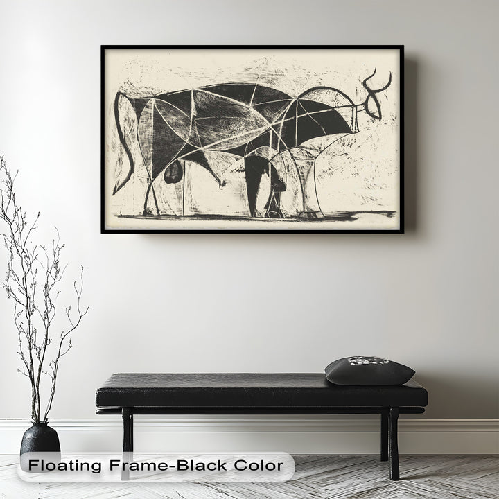 A modernist bull sketch using contrasting tones and fragmented geometry to create a sense of layered motion.