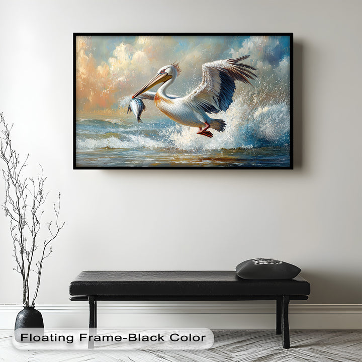 Pelican Catching Fish in Ocean Surf – Animal Oil Painting