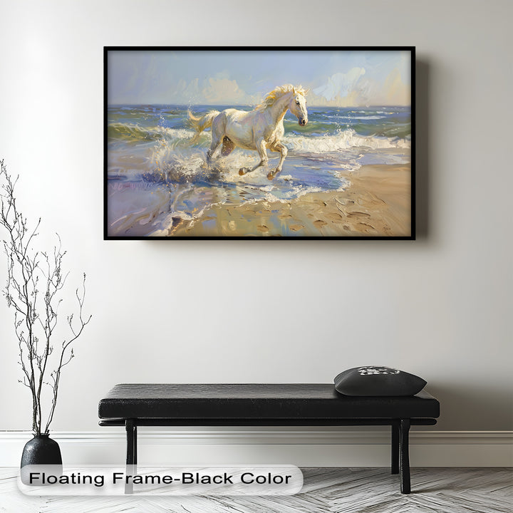 Expressive brushstrokes and a rich color palette bring movement to life in this captivating painting, where a spirited horse races through foamy waves, embodying freedom and strength.