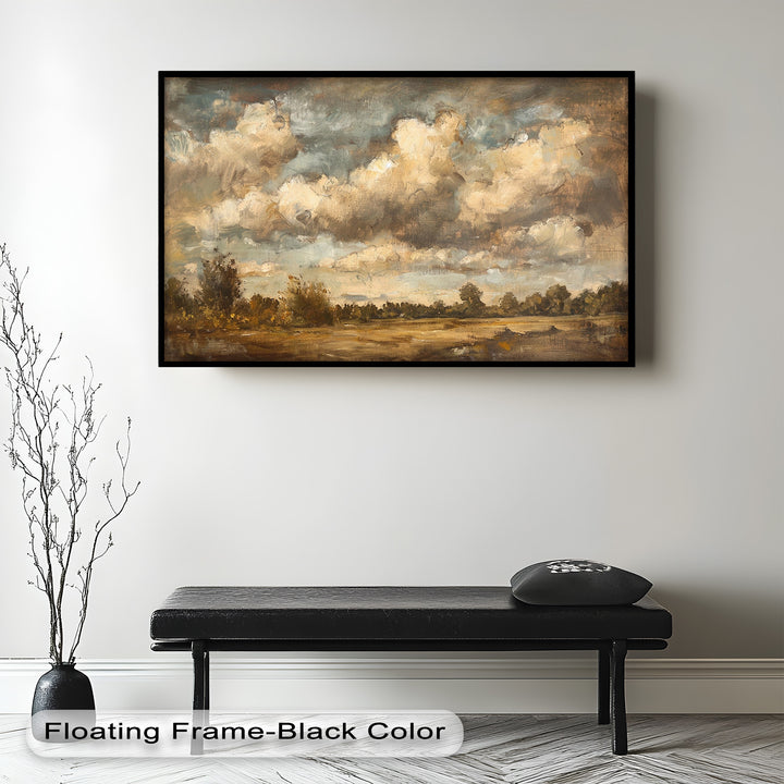 The warmth of an autumn afternoon radiates from this timeless artwork, capturing an open field beneath an expansive sky, painted in rich, earthy tones and soft, expressive strokes.